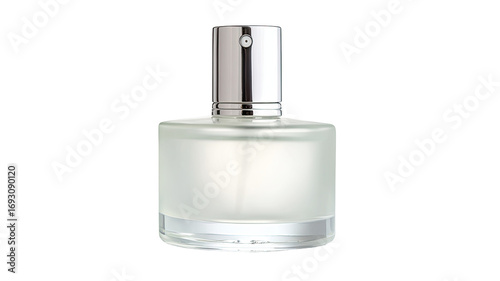 Empty, frosted-glass perfume bottle with a chrome top