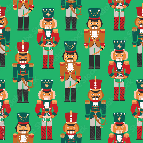 Christmass seamless pattern with nutcracker soldiers. Cartoon characters with drum, signal horn, sabre, uniform, epaulettes, hat. Red, blue, brown colors on green background. Vector design in flat.