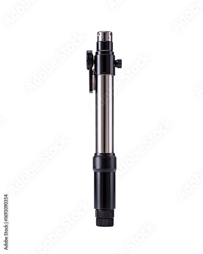 Vertical metallic cylindrical device, possibly aquarium equipment.  Features a light gray/silver upper section and a darker gray/black lower section.  Small attachments at the top and bottom.