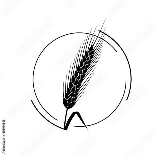 Vector art of minimalist illustration of a single wheat stalk, enclosed in a circular frame, symbolizing agriculture and natural growth