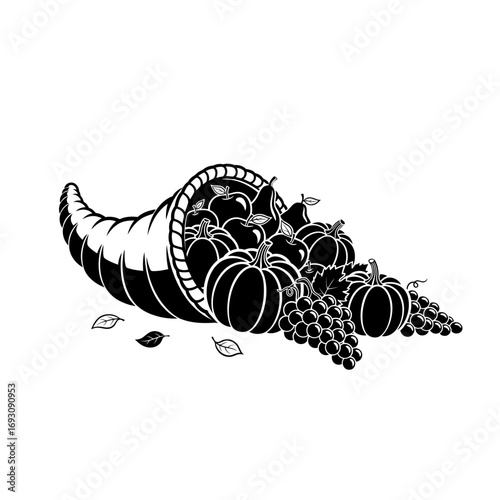 Vector art of cornucopia with fruits and vegetables, a symbol of abundance and thanksgiving celebration in black and white style
