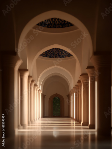 Corridor of Arches  A view down a long  light-filled corridor  defined by arches and columns  leading to a doorway with greenery visible beyond.