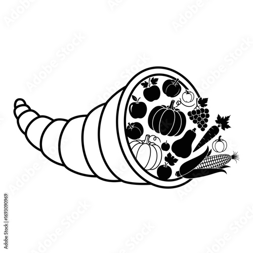 Illustration of a cornucopia filled with various fruits and vegetables, a symbol of abundance and harvest season
