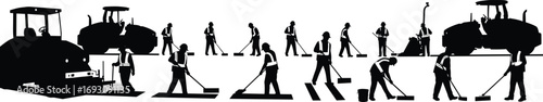 Silhouette of construction workers and heavy machinery, road paving, asphalt roller, teamwork, industrial construction site, manual labor, roadwork equipment, safety vests