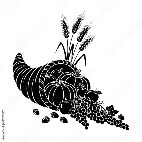 Vector art of cornucopia with pumpkins, grapes, apples, and wheat, a symbol of abundance and gratitude during the harvest season