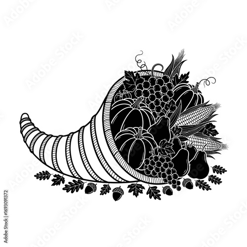 Vector art of a bountiful cornucopia overflowing with pumpkins, grapes, corn, and leaves, a symbol of autumn harvest