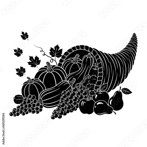 Vector art of cornucopia with fruits and vegetables, a symbol of abundance and harvest, perfect for thanksgiving and autumn themes