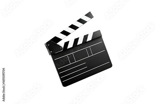 Black and white movie clapperboard, 3D style, isolated on black