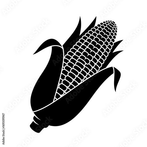 Vector art of single ear of corn silhouette, showcasing the iconic shape of this staple crop with its distinctive kernels and husks