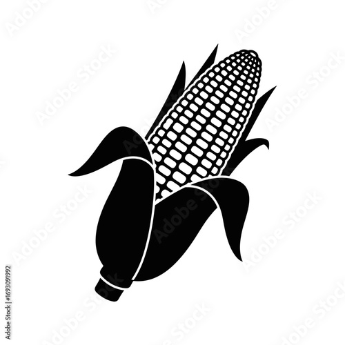 Vector art of a single ear of corn on the cob with husk, a staple crop, is depicted in a simple black and white vector illustration