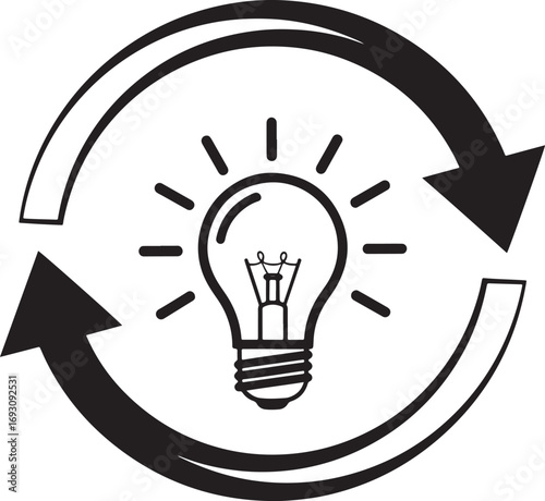 Innovative Recycling Idea Depicted with Lightbulb and Circular Arrows in Black and White Design