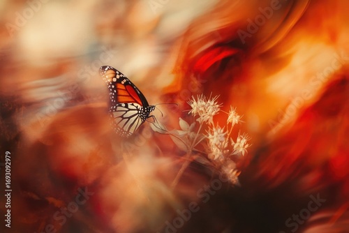 A monarch butterfly rests on delicate white flowers amidst a vibrant, blurred orange and red autumnal backdrop.