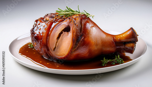 delicious roasted ham hock glistening with savory glaze isolated against a clean background