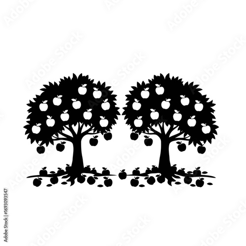 Vector art of silhouette of two apple trees with fruits, creating a symmetrical and abundant orchard scene