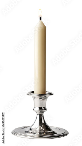 Single, cream-colored candle in a silver candleholder