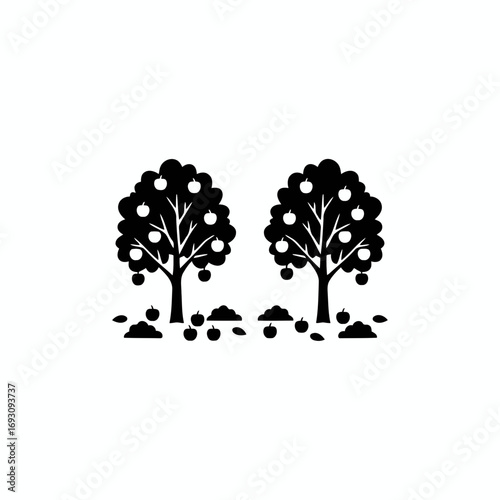 Vector art of two apple trees with ripe fruits orchard with fruit trees harvest time in the garden rural landscape