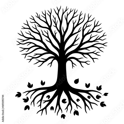 Vector art of bare tree with roots deciduous tree with falling leaves autumn season symbol of life and nature