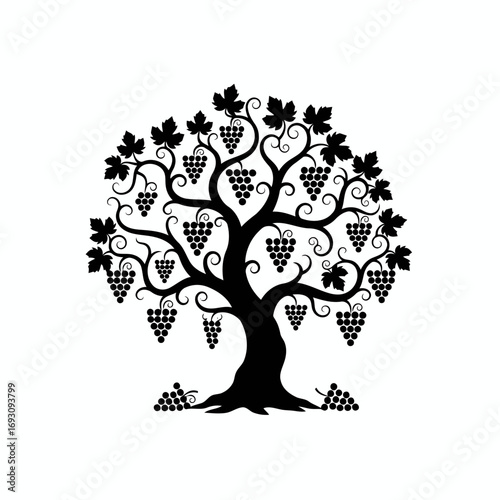 Vector art of grape tree silhouette, a symbol of abundance and prosperity, with intricate branches and lush grape clusters