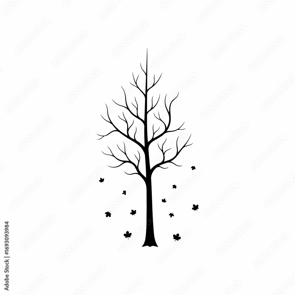 Obraz premium Vector art of silhouette of a bare tree with falling leaves, creating a stark and minimalist nature illustration for design projects