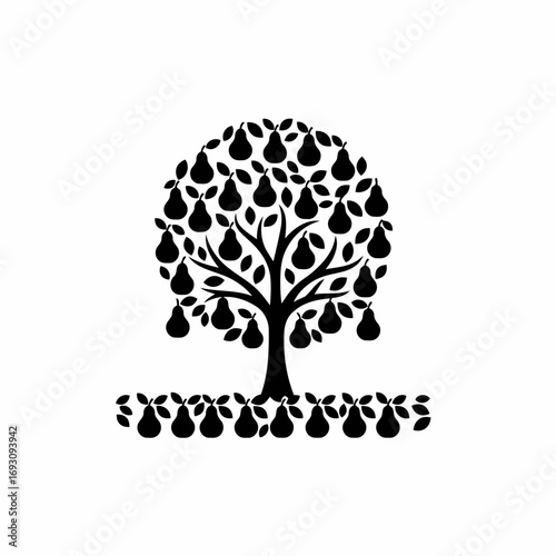 Vector art of silhouette of a pear tree laden with fruit, standing above a row of pears, creating a simple and elegant orchard scene