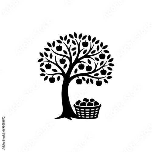 Vector art of silhouette of an apple tree with a basket full of apples, a charming and rustic design for various creative projects
