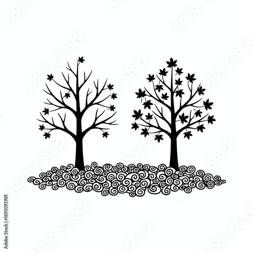 Vector art of silhouette of two maple trees shedding leaves, creating a serene and autumnal scene, perfect for seasonal designs