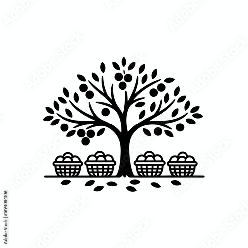 Vector art of charming apple tree with baskets, depicting a bountiful harvest, representing abundance, autumn, and the fruits of labor