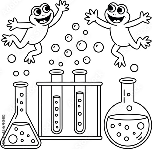 Illustration of Erlenmeyer flask with bubbles for chemistry and science
