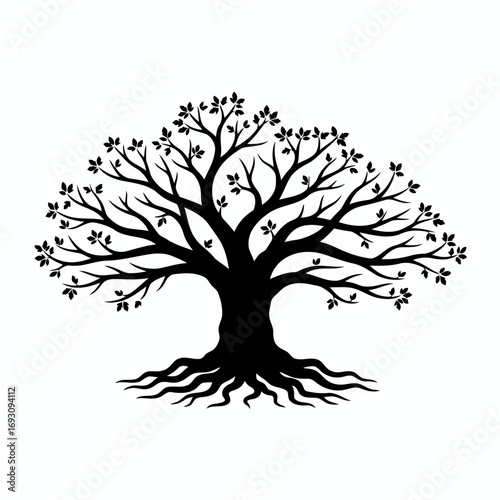 Vector art of silhouette of a majestic tree with intricate branches and roots, creating a striking contrast and timeless appeal