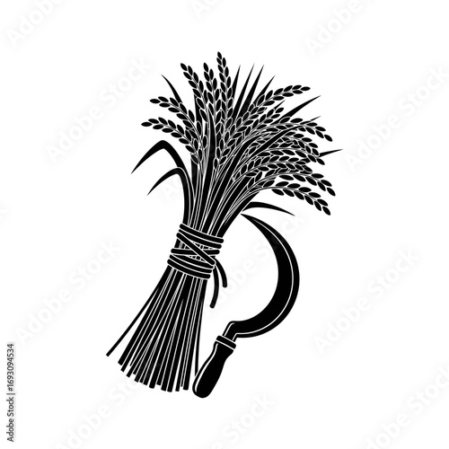 Vector art of a sheaf of wheat tied with a sickle, symbolizing harvest and agriculture in a simple, monochrome graphic