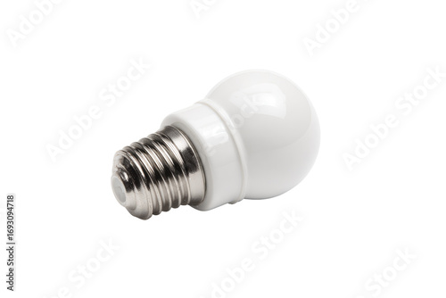 Close-up of a small, white LED light bulb with a screw-in base