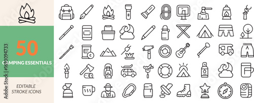 Camping Essentials Icons A Set of Pictograms Representing Equipment Supplies and Activities for Outdoor Adventures and Recreational Pursuits