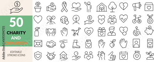 Diverse Charity and Donation Icons Emphasizing Support and Kindness Editable Stroke Icons for Web Design Projects and Generosity Concepts