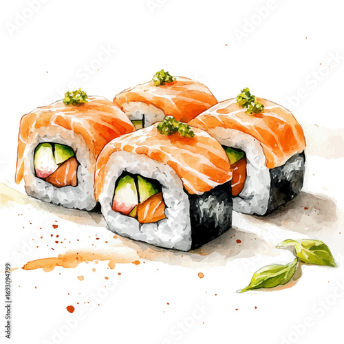 Sushi, watercolor drawing vector, isolated on a white background.