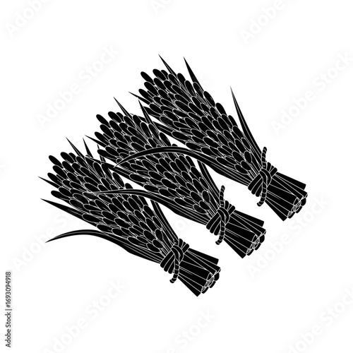 Vector art of three bundles of wheat stalks tied together, a symbol of harvest, agriculture, and rural life in black and white