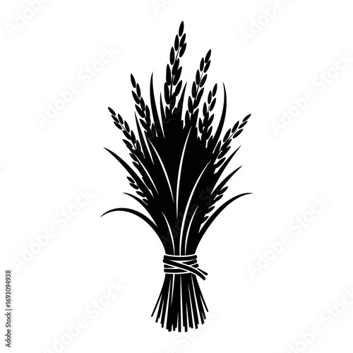 Vector art of monochrome illustration of a tied bundle of wheat or grain, , symbolizing agriculture and harvest in a simple, elegant style