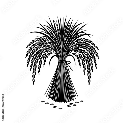 Vector art of a sheaf of wheat stalks tied together with scattered grains, a symbol of harvest, agriculture, and rural life