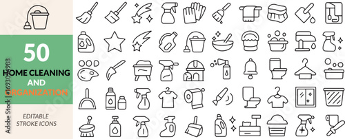 Collection of Home Cleaning and Organization Icons Line Art for Projects Related to Housekeeping and Tidiness