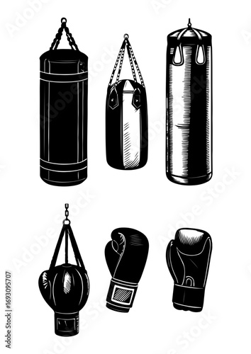Silhouettes of Boxing Equipment: Punching Bags and Gloves