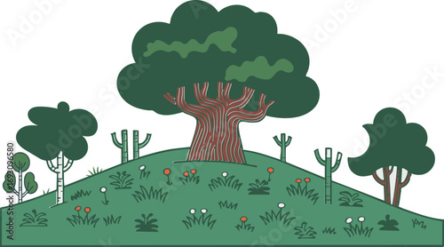 Whimsical landscape with a large, ancient tree on a grassy hill dotted with wildflowers and quirky cacti.