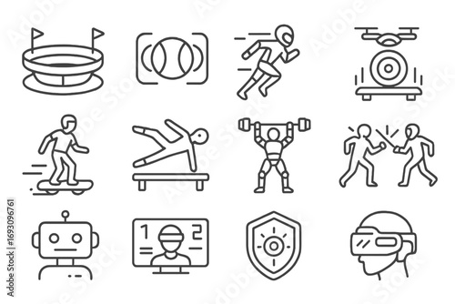 Futuristic Sports Icons. Line style icons of futuristic sports: gravity arena, magnetic field ball, speed suit runner, drone