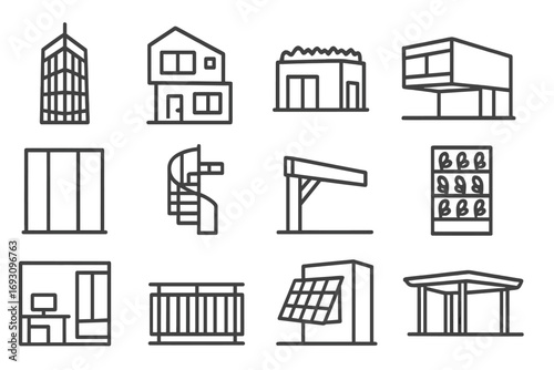 Modern Architecture Icons. Line style icons of modern architecture: glass skyscraper, modular house, green rooftop, cantilever