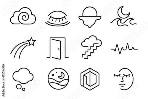 Abstract Dream Icons. Line style icons of abstract dreams: cloud spiral, closed eye ripple, floating island arc, moon wave;
