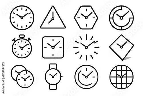 Geometric Clock Icons. Line style icons of geometric clocks: circular watch face, triangular dial, hexagon clock, segmented ring