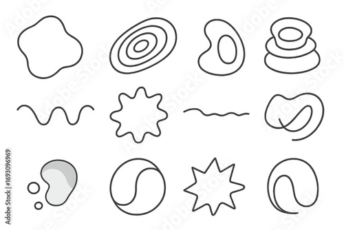 Abstract Line Icons. Line style icons of organic abstract forms: undefined mass, nested curves, spiraling blobs, asymmetric rings;