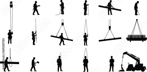 Silhouette of construction workers lifting steel beams, crane operation, industrial safety, construction site teamwork, heavy equipment, building framework, laborers at work