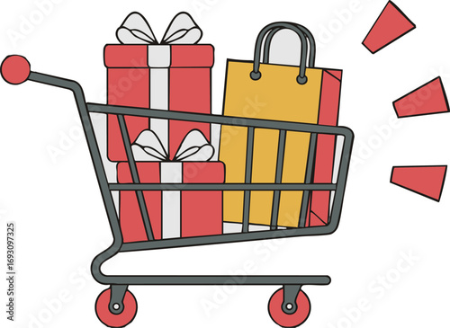 Shopping cart overflowing with festive gift boxes and a colorful bag, ready for holiday purchases.