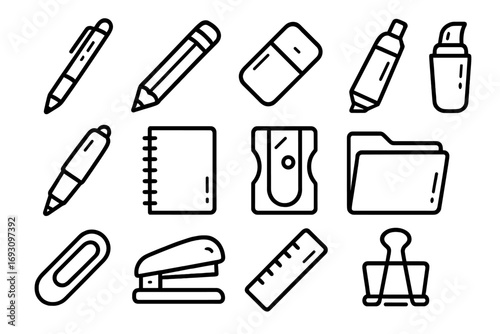 Glossy Stationery Icons. Line style icons of glossy stationery: glossy pen, glossy pencil, glossy eraser, glossy highlighter;