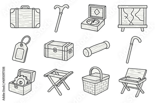 Wooden Travel Icons. Line style icons of wooden travel gear: wooden suitcase frame, wooden walking stick, wooden compass box,