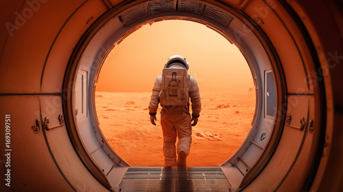 An astronaut exits a Martian base, stepping onto the reddish surface of Mars. The environment is barren, hinting at the beginning of colonization efforts and plant growth initiatives